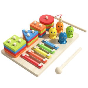 Montessori 3-in-1 wooden activity board for toddlers, featuring a xylophone, magnetic fishing game with wooden fish, and a shape sorter with colorful geometric blocks.