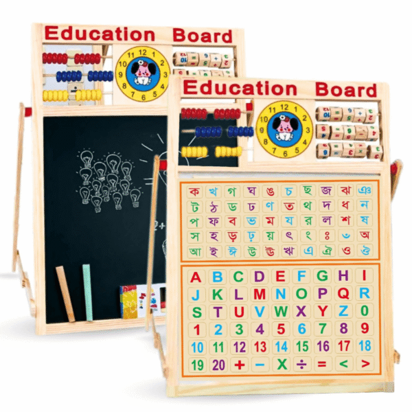 Double-sided wooden education board for kids – magnetic white and black board for learning Bengali, English, numbers, and math