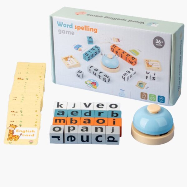 Colorful kids' spelling game set showing wooden letter blocks, a red bell, and illustrated word cards on a wooden table.