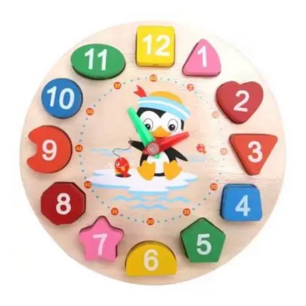 Wooden clock puzzle toy for preschool kids, learning time, shapes, and colors in Bangladesh