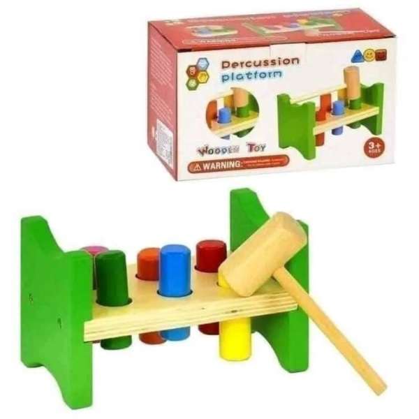 Wooden percussion platform pounding bench and hammer educational toy for kids in Bangladesh