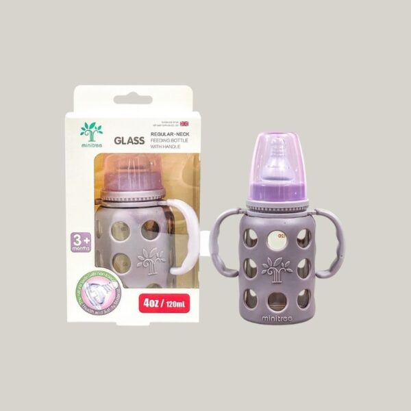 Minitree slim neck glass feeding bottle 120ml purple for baby 3 months