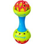 soft glue dumbbell baby hand teether with jhunjhuni made from BPA free silicone for babies 3 months plus