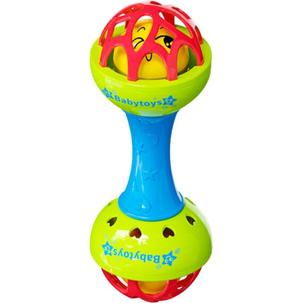 soft glue dumbbell baby hand teether with jhunjhuni made from BPA free silicone for babies 3 months plus