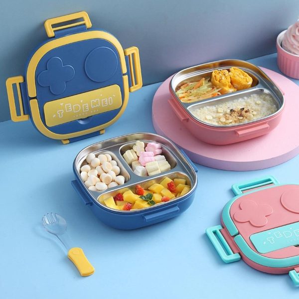 Kids stainless steel cartoon lunch box with leakproof lid and spoon