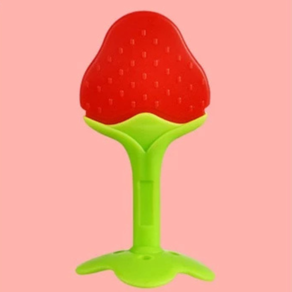 Soft silicone baby teether with easy grip strawberry design