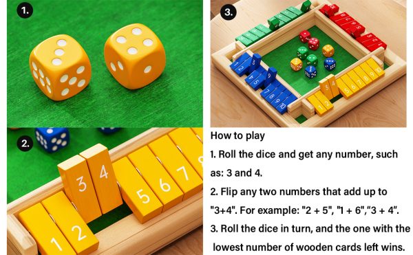 Family playing Shut The Box wooden dice game educational toy